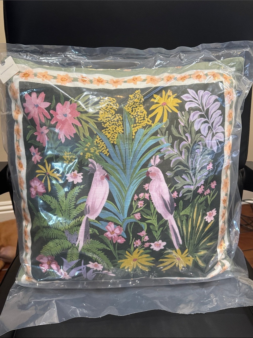 Anthropologie Pink Parrot & Botanical Print Accent Pillow